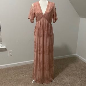 Light pink lace mesh overlay maternity maxi dress